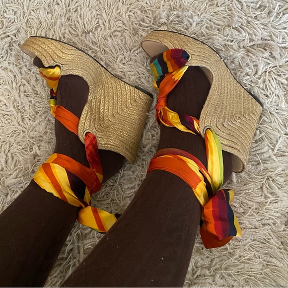 Luxury Rebel Regina Multicolor Printed Silk and Jute Scarf Ankle Wrap Wedge - Picture 2 of 11